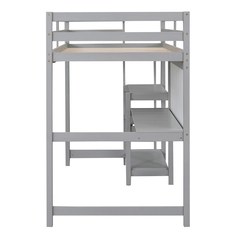 Lit mezzanine en bois avec étagères et bureau