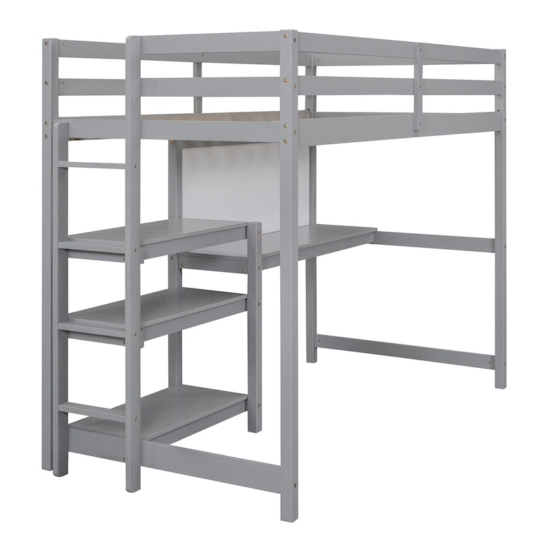 Lit mezzanine en bois avec étagères et bureau