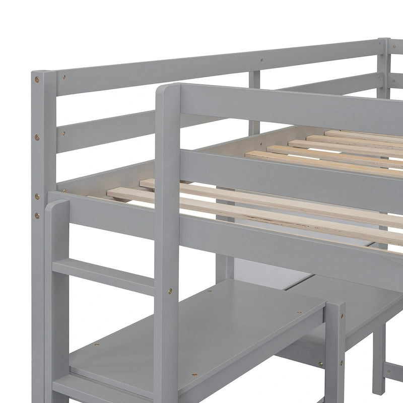 Lit mezzanine en bois avec étagères et bureau