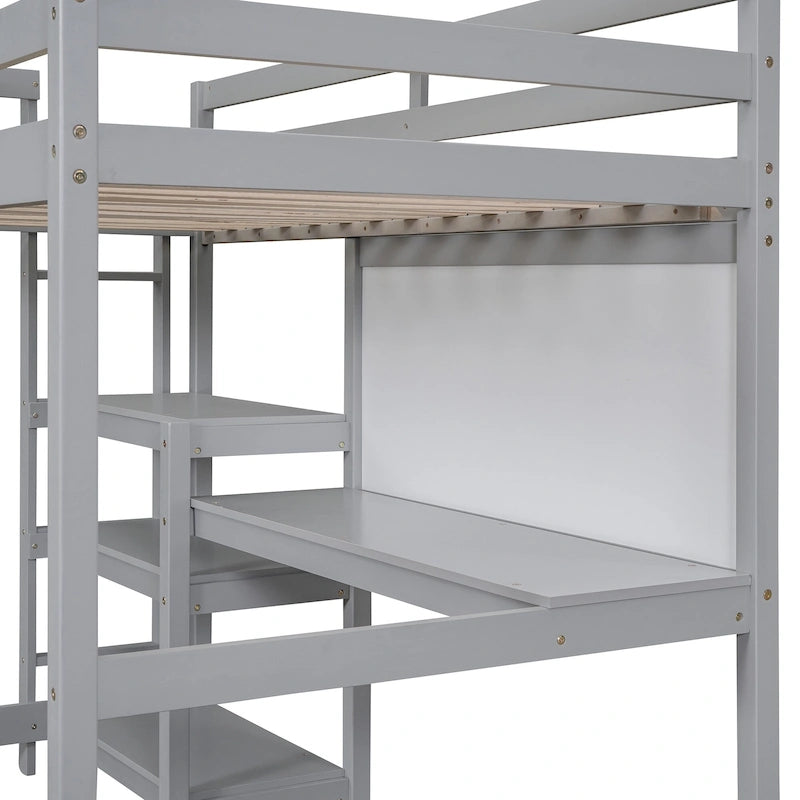 Lit mezzanine en bois avec étagères et bureau