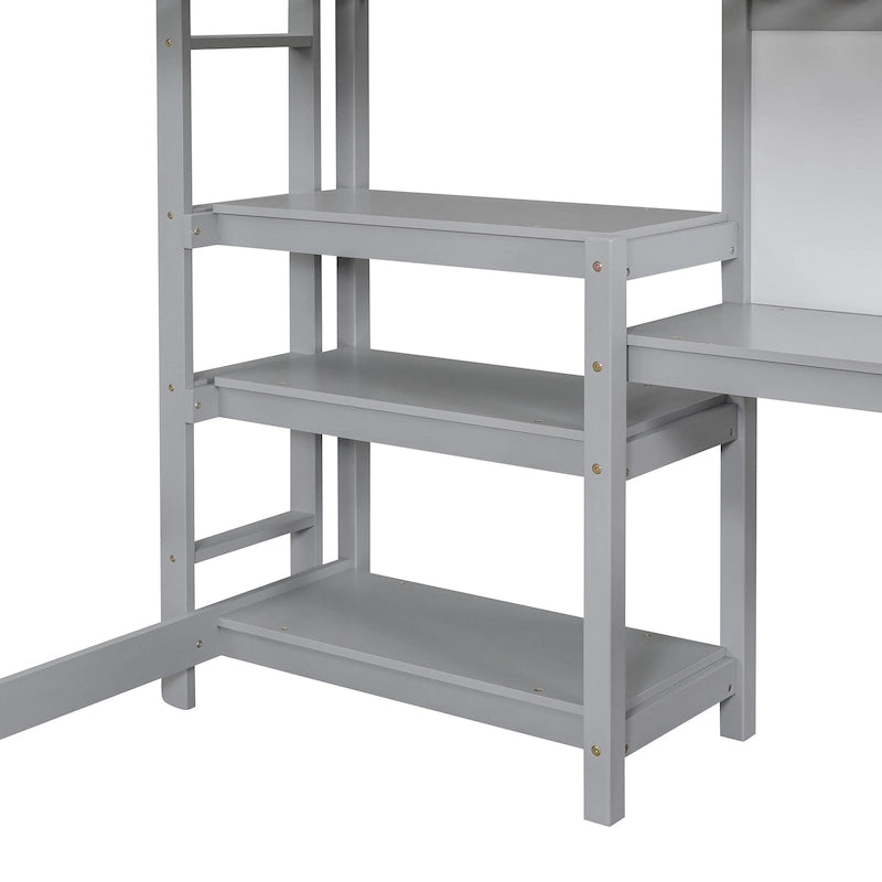 Lit mezzanine en bois avec étagères et bureau