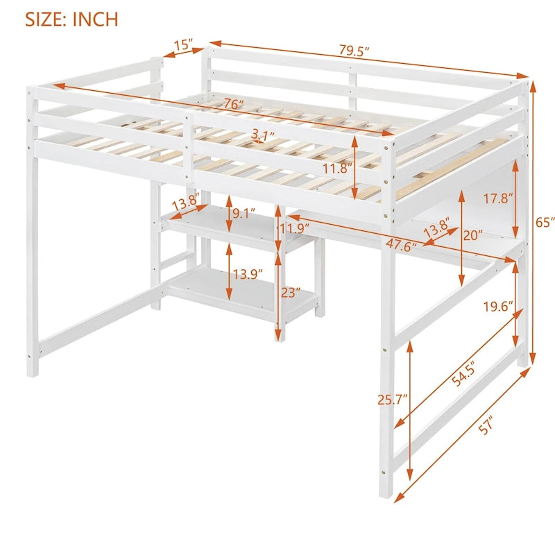 Lit mezzanine en bois avec étagères et bureau