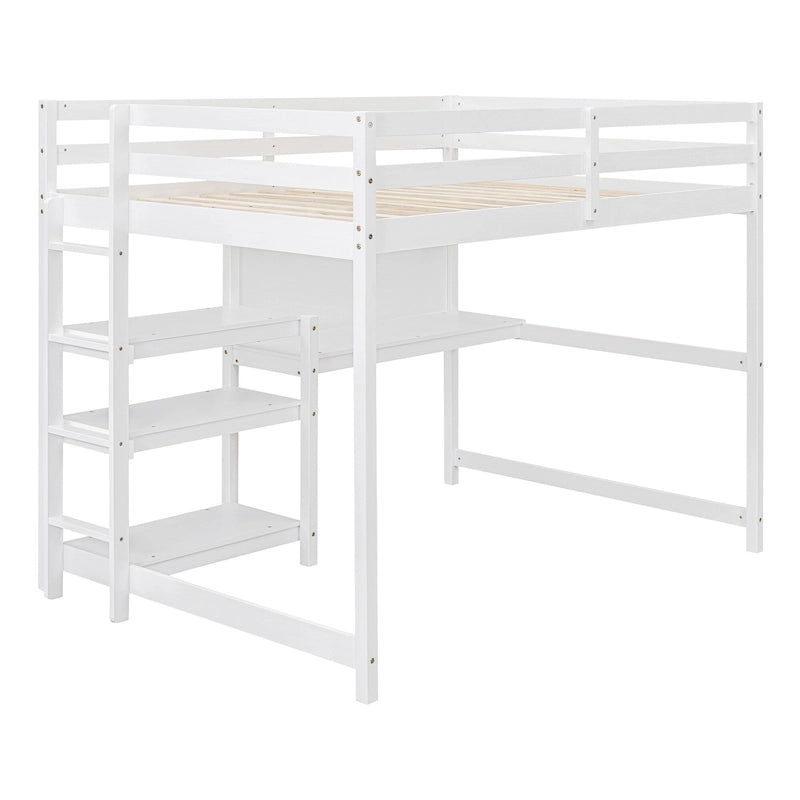 Lit mezzanine en bois avec étagères et bureau