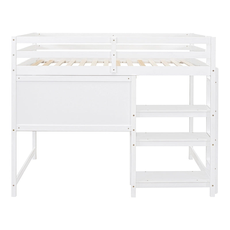 Lit mezzanine en bois avec étagères et bureau