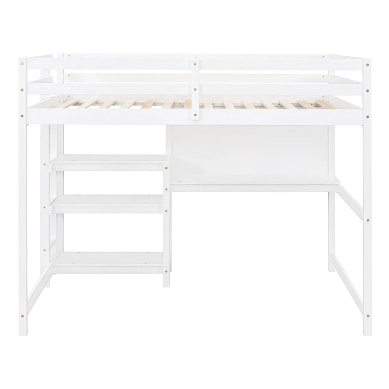 Lit mezzanine en bois avec étagères et bureau