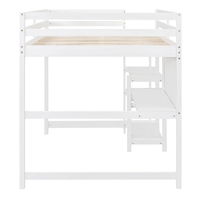 Lit mezzanine en bois avec étagères et bureau