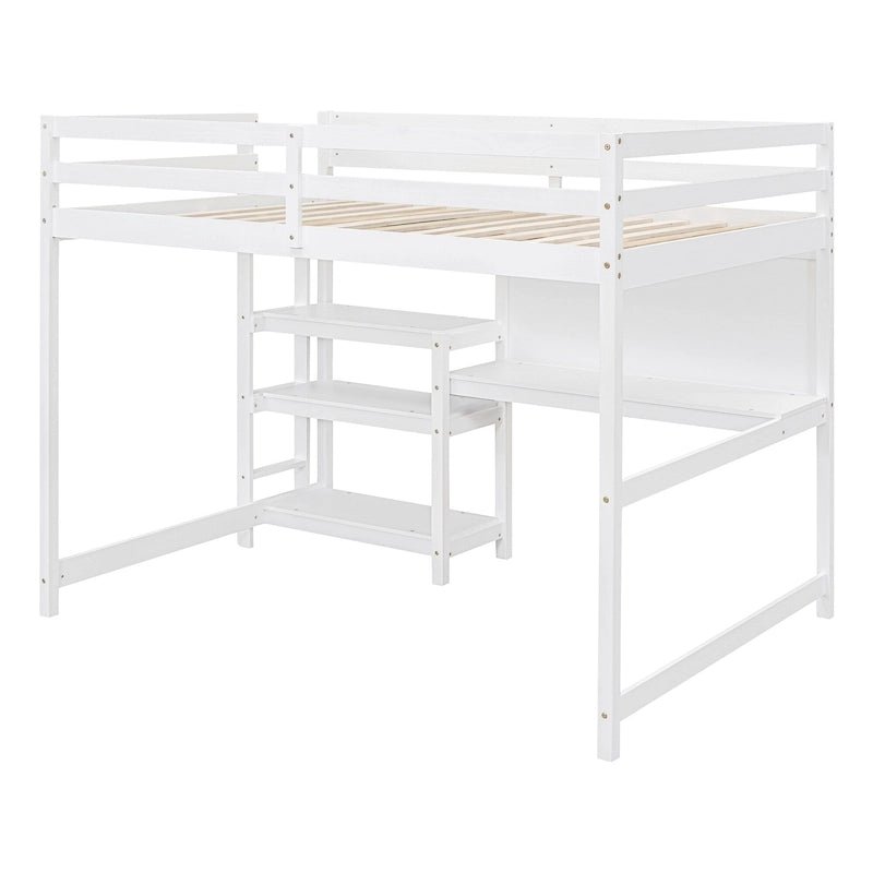 Lit mezzanine en bois avec étagères et bureau