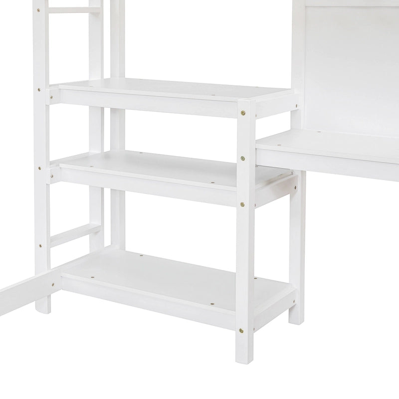 Lit mezzanine en bois avec étagères et bureau