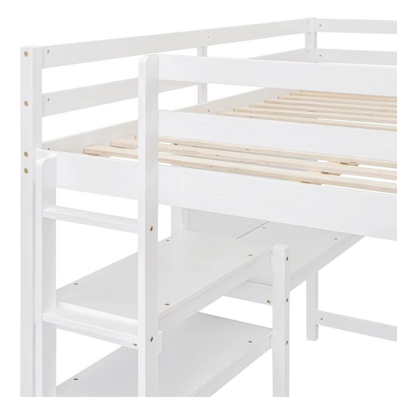 Lit mezzanine en bois avec étagères et bureau