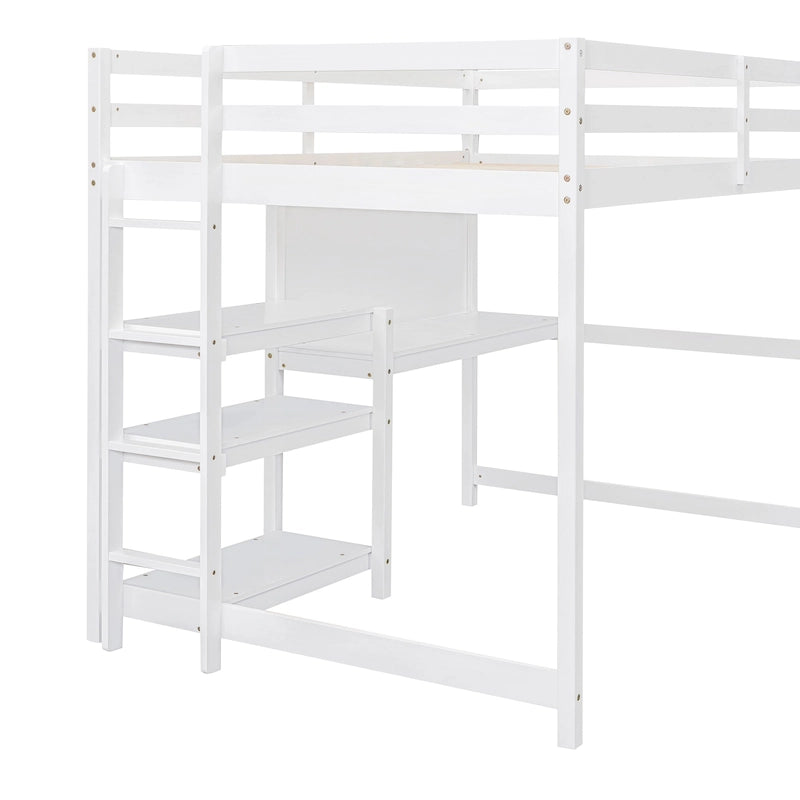 Lit mezzanine en bois avec étagères et bureau