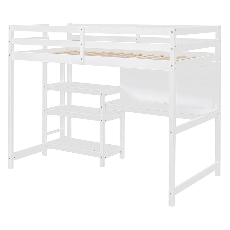 Lit mezzanine en bois avec étagères et bureau