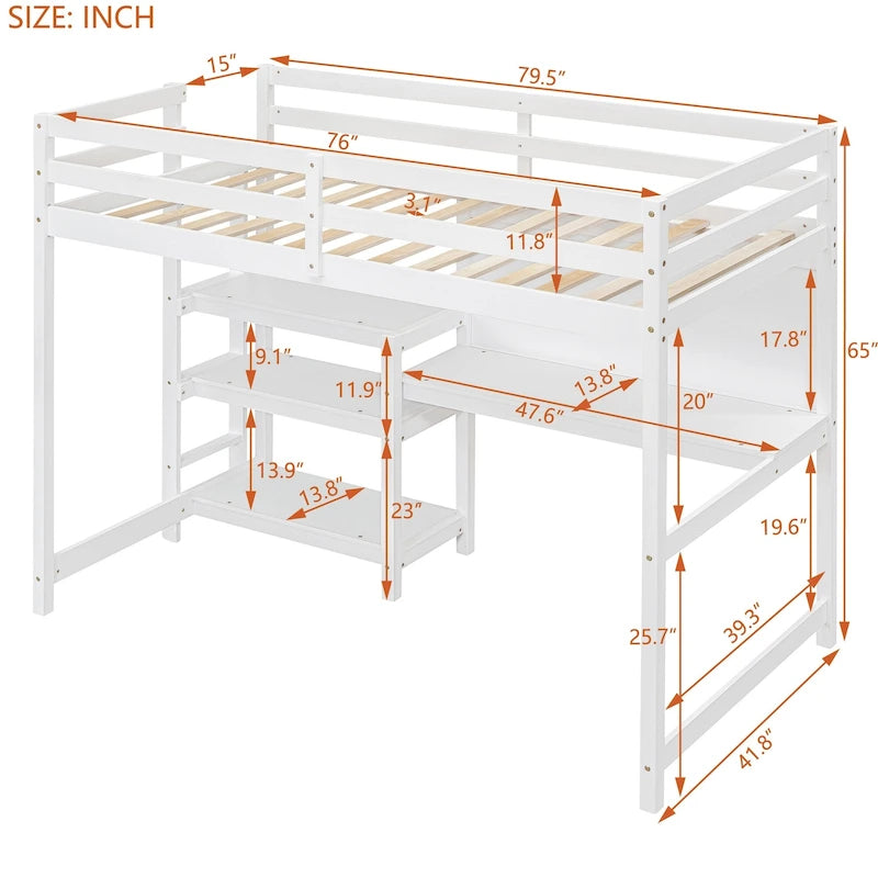 Lit mezzanine en bois avec étagères et bureau