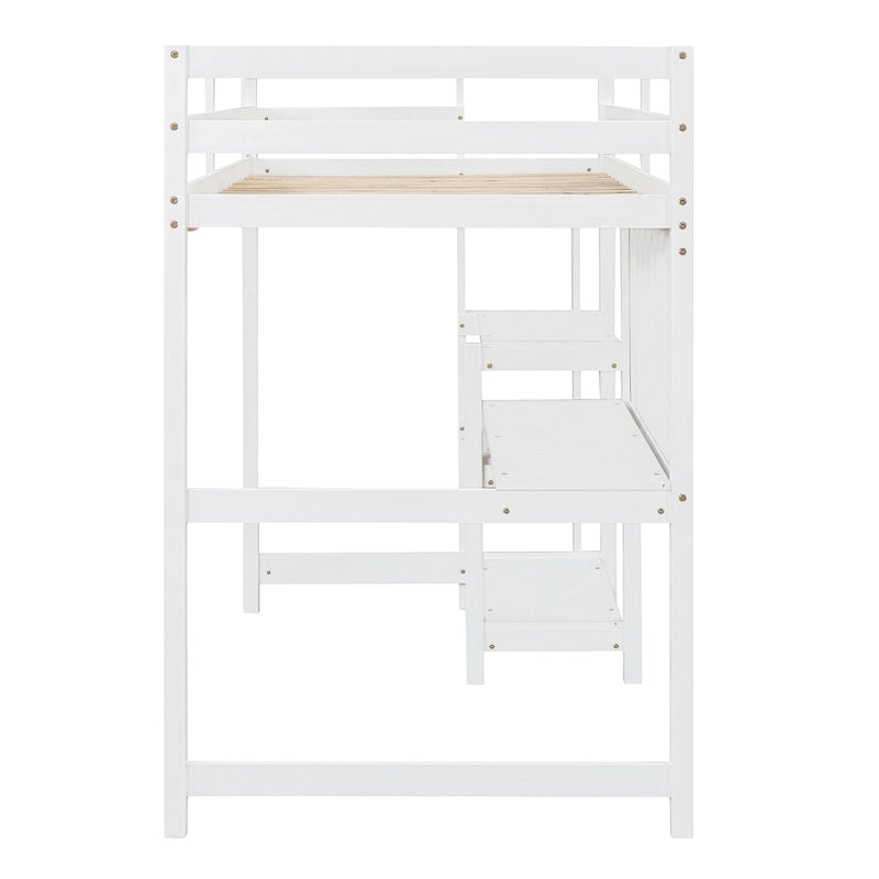 Lit mezzanine en bois avec étagères et bureau
