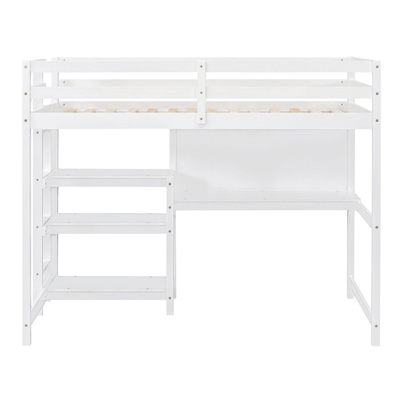 Lit mezzanine en bois avec étagères et bureau