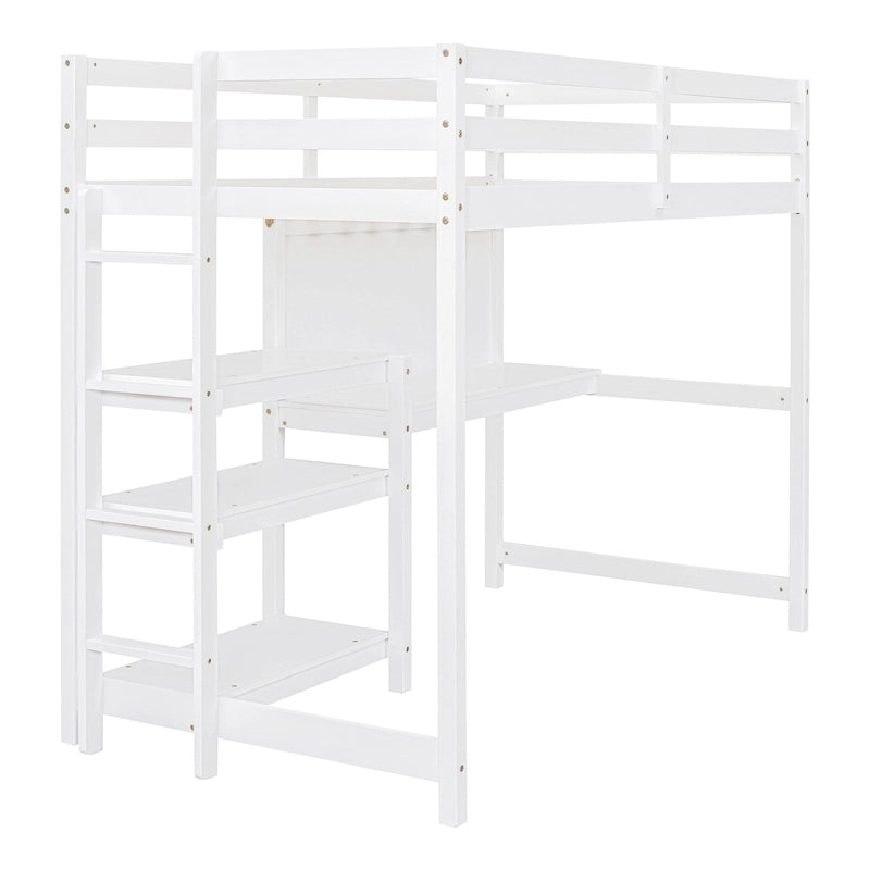 Lit mezzanine en bois avec étagères et bureau