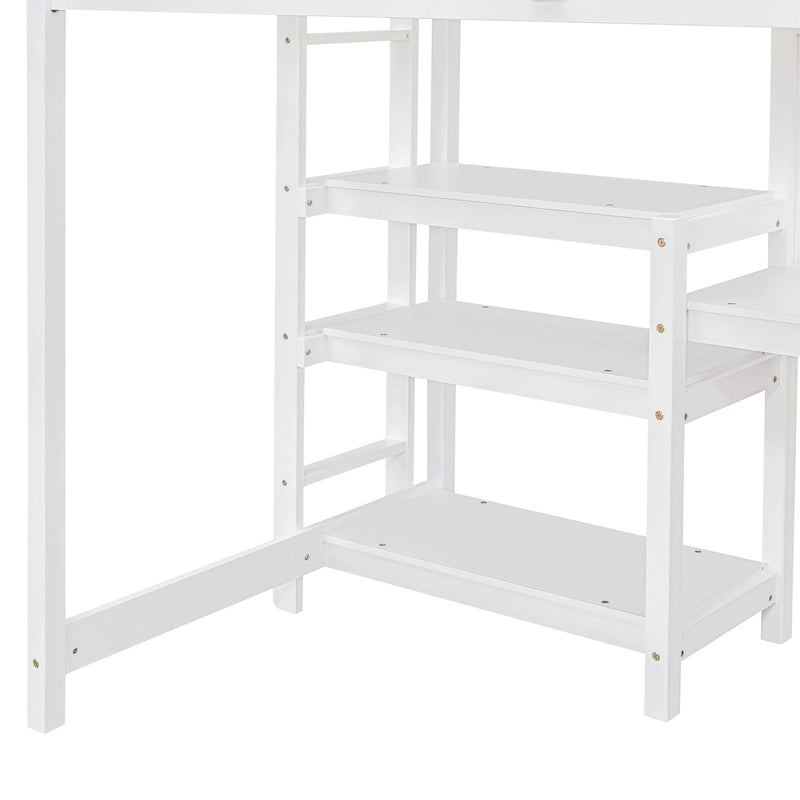 Lit mezzanine en bois avec étagères et bureau