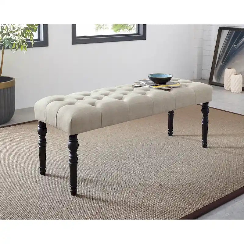 Banc de salle à manger capitonné en tissu couleur naturel avec pieds tournés