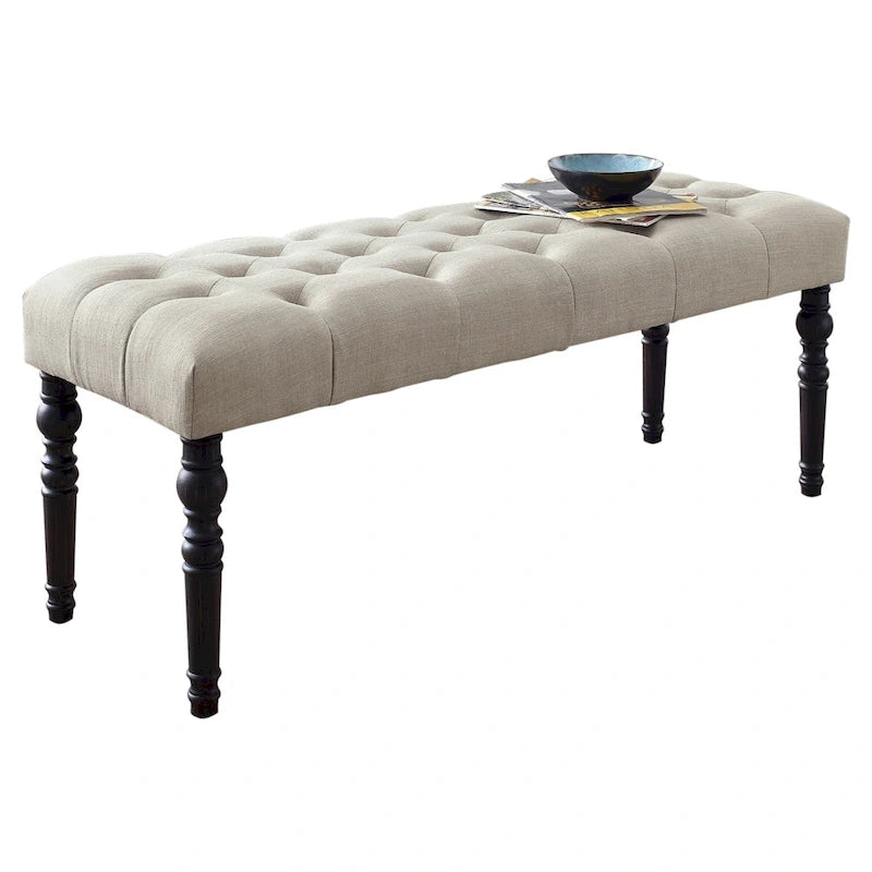 Banc de salle à manger capitonné en tissu couleur naturel avec pieds tournés