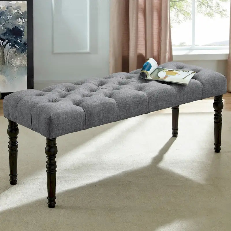 Banc de salle à manger capitonné en tissu couleur naturel avec pieds tournés