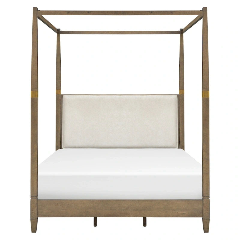 Lit à baldaquin en bois marron taille Queen avec design à baldaquin ouvert