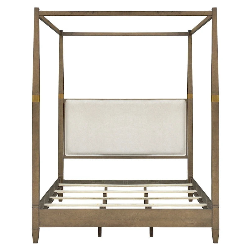 Lit à baldaquin en bois marron taille Queen avec design à baldaquin ouvert