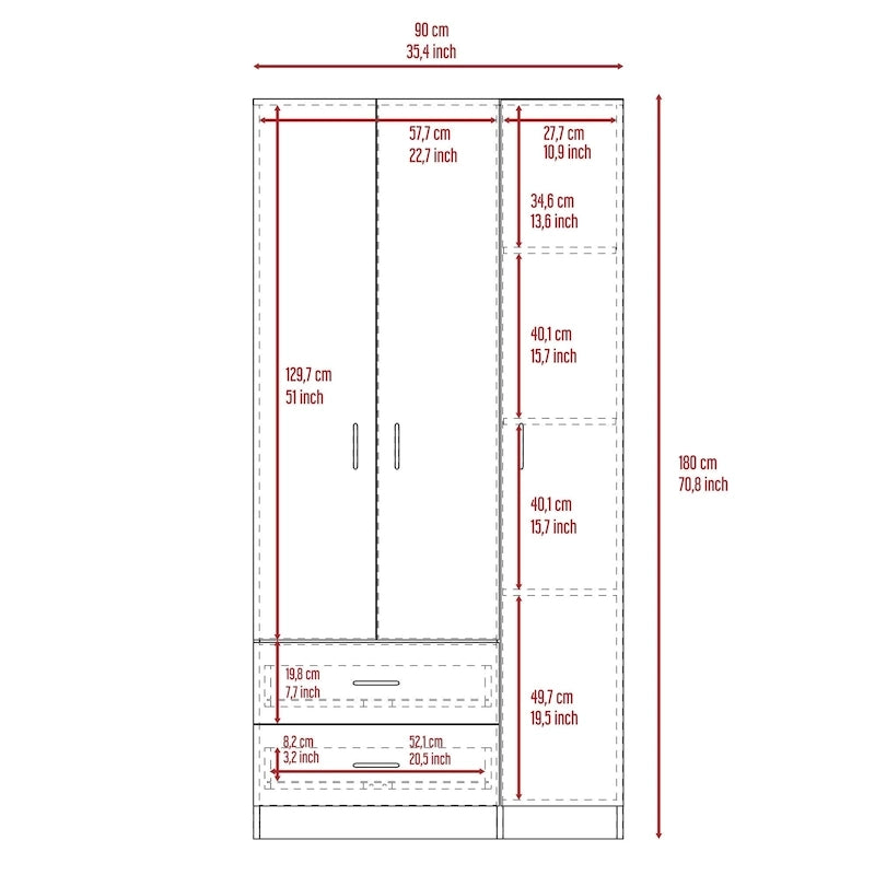Armoire 3 portes avec tiroirs, étagères et penderie - N/A