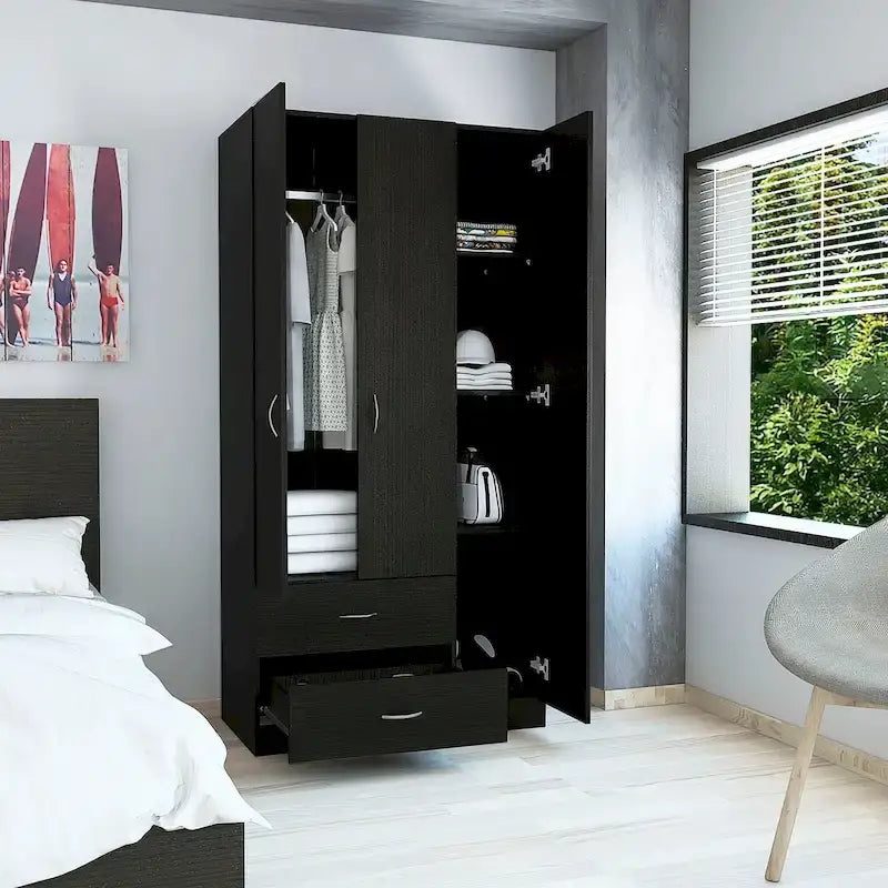 Armoire 3 portes avec tiroirs, étagères et penderie - N/A