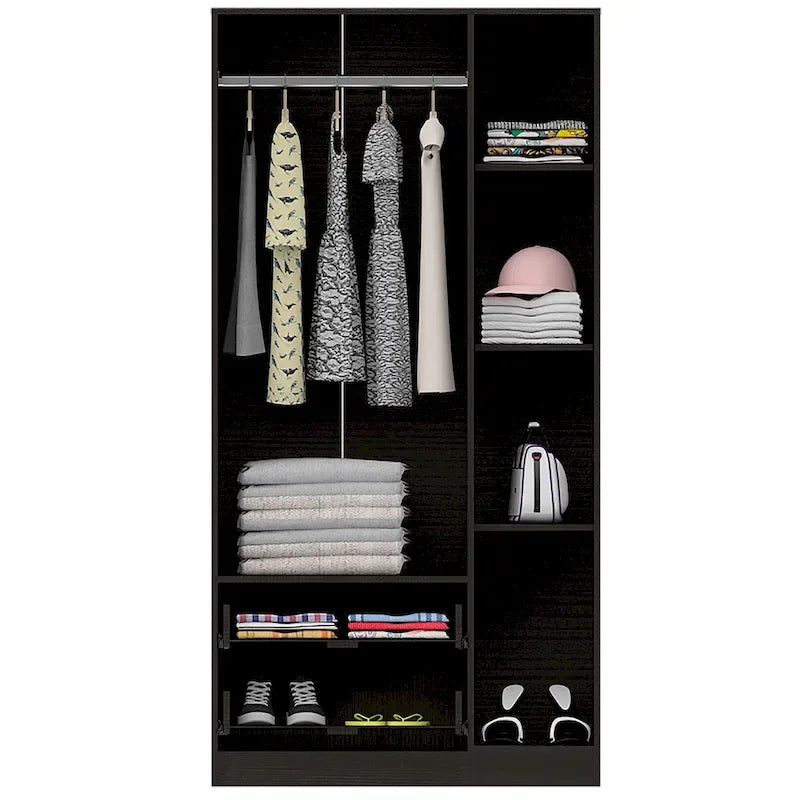 Armoire 3 portes avec tiroirs, étagères et penderie - N/A