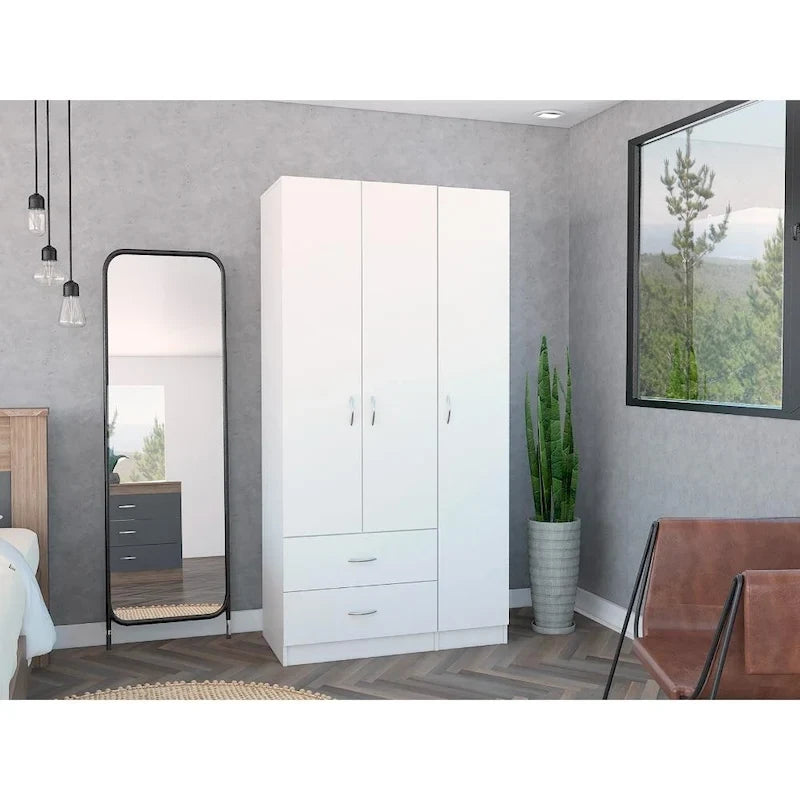 Armoire 3 portes avec tiroirs, étagères et penderie - N/A
