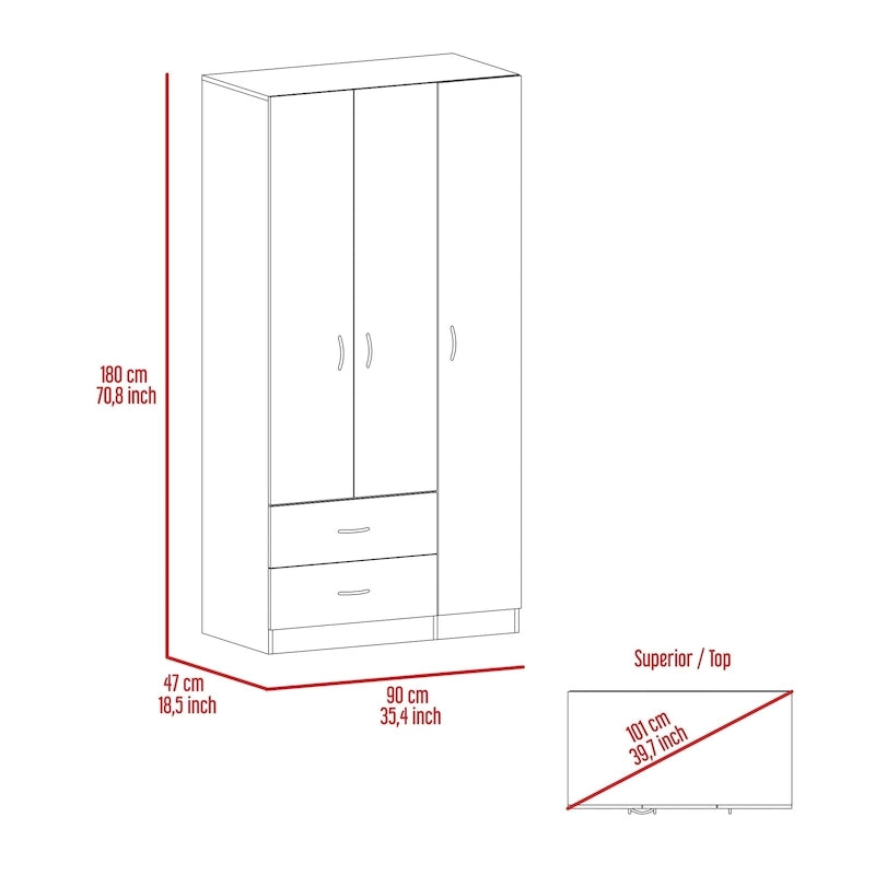 Armoire 3 portes avec tiroirs, étagères et penderie - N/A