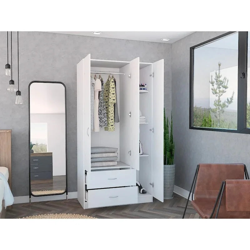 Armoire 3 portes avec tiroirs, étagères et penderie - N/A