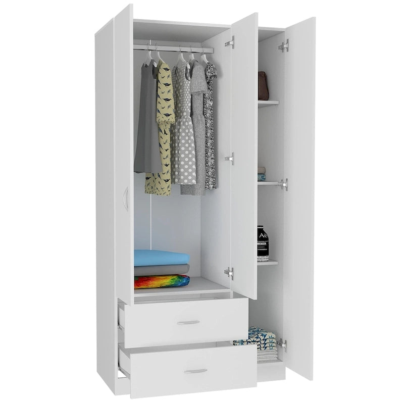 Armoire 3 portes avec tiroirs, étagères et penderie - N/A