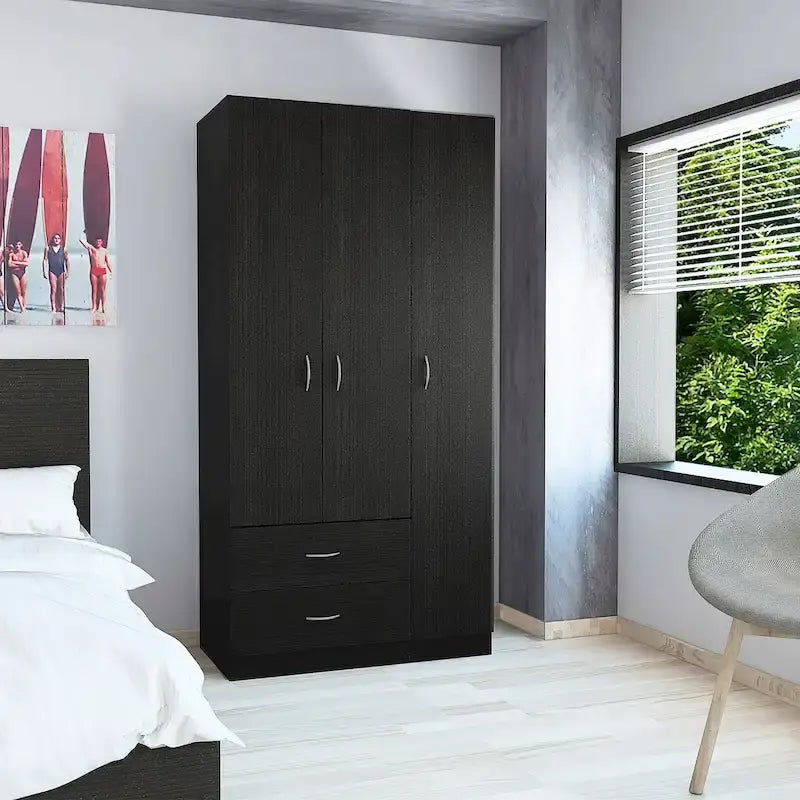 Armoire 3 portes avec tiroirs, étagères et penderie - N/A