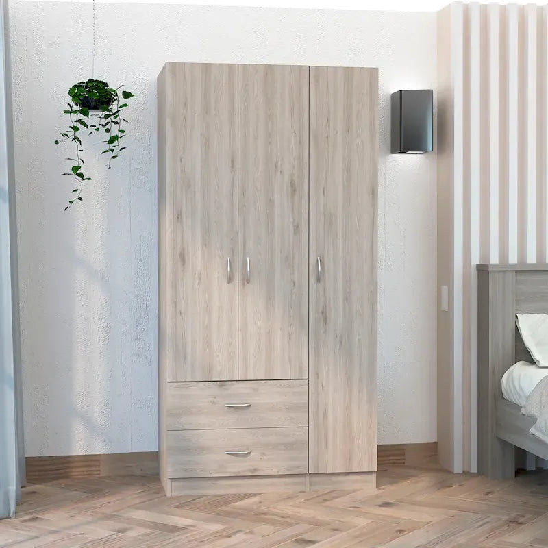 Armoire 3 portes avec tiroirs, étagères et penderie - N/A