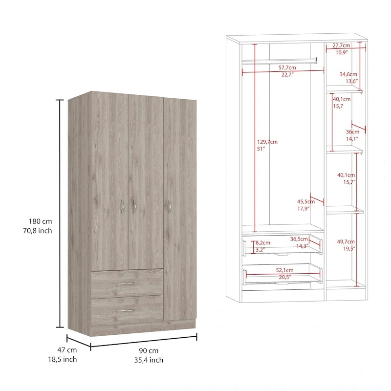 Armoire 3 portes avec tiroirs, étagères et penderie - N/A