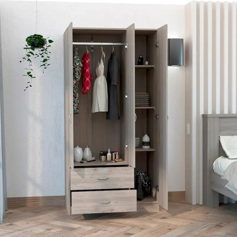 Armoire 3 portes avec tiroirs, étagères et penderie - N/A