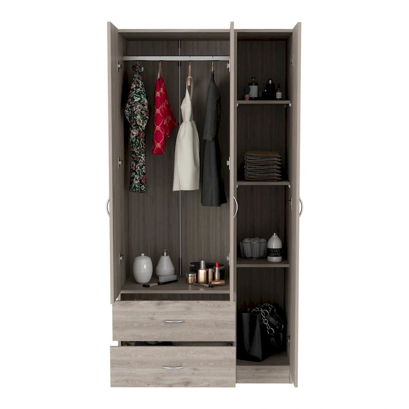 Armoire 3 portes avec tiroirs, étagères et penderie - N/A