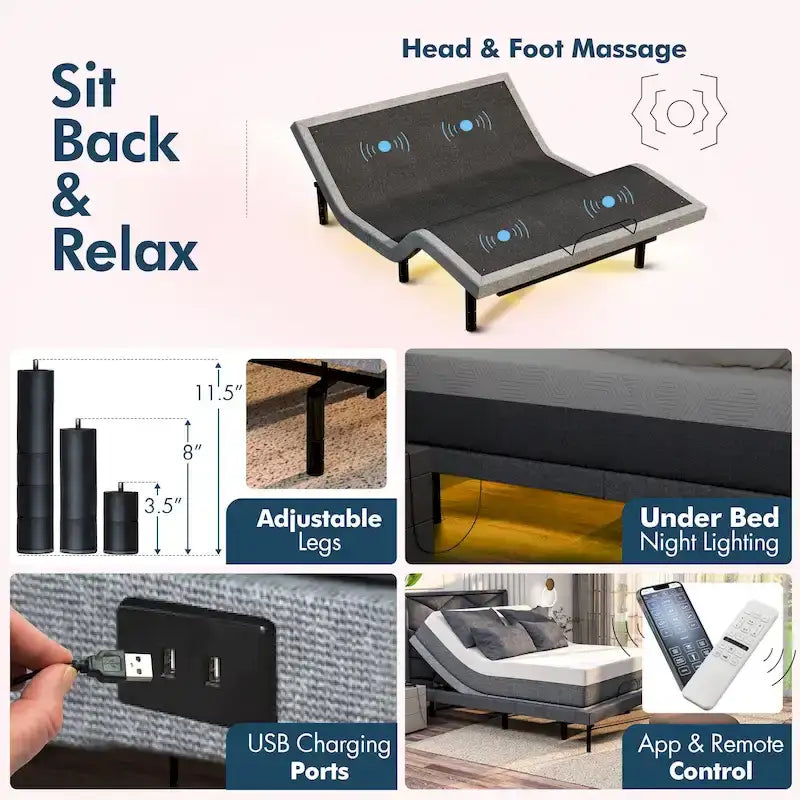 Sommier Réglable avec Double Massage - USB, Lumière Sous le Lit, Gravité Zéro, Contrôle par Application, Inclinaison Tête et Pieds