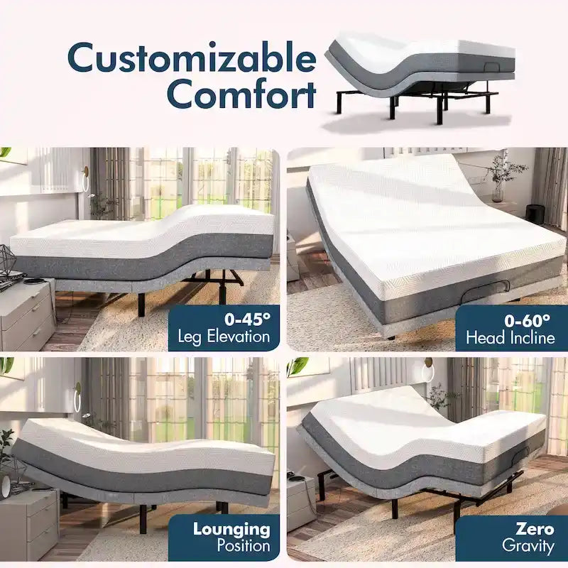 Sommier Réglable avec Double Massage - USB, Lumière Sous le Lit, Gravité Zéro, Contrôle par Application, Inclinaison Tête et Pieds