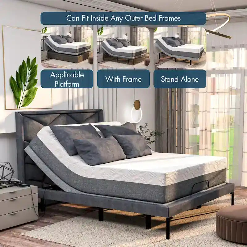 Sommier Réglable avec Double Massage - USB, Lumière Sous le Lit, Gravité Zéro, Contrôle par Application, Inclinaison Tête et Pieds