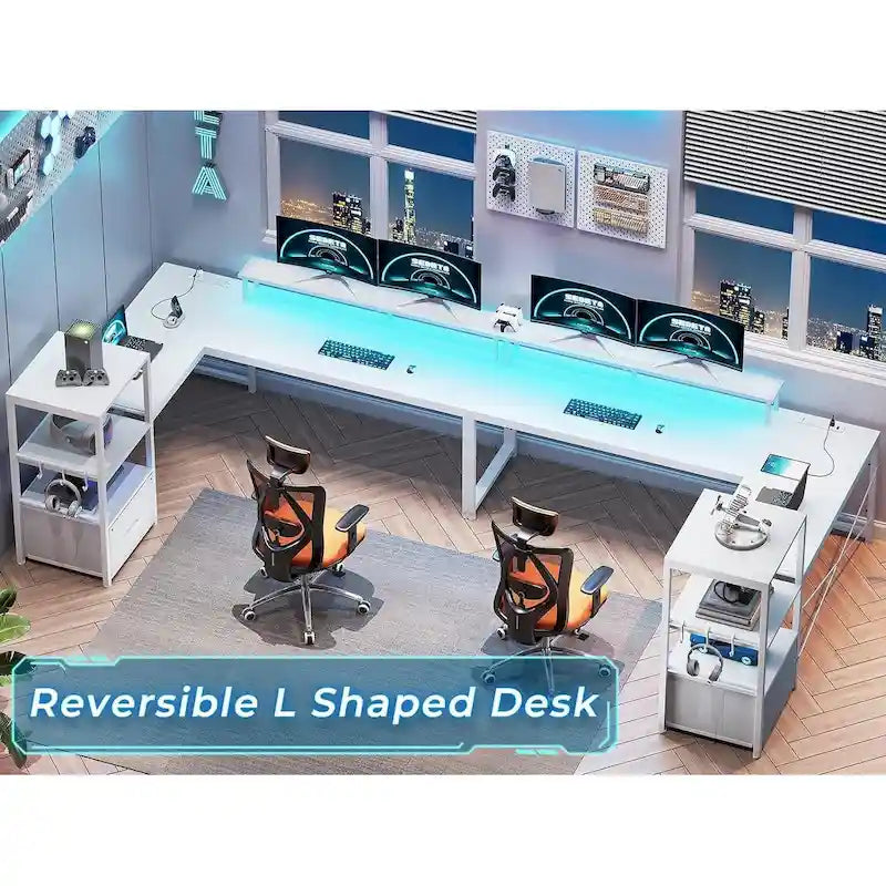 Bureau informatique de 130 cm avec étagères de rangement, tiroir et prises de courant