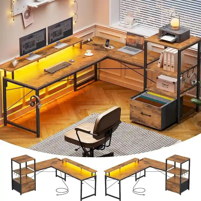 Bureau informatique de 130 cm avec étagères de rangement, tiroir et prises de courant