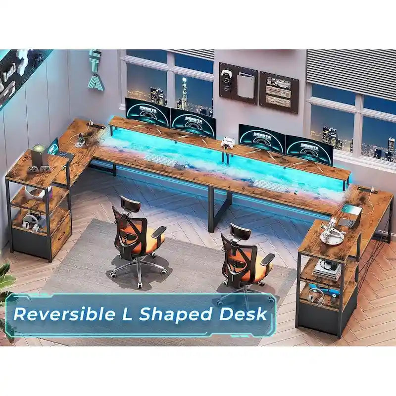 Bureau informatique de 130 cm avec étagères de rangement, tiroir et prises de courant