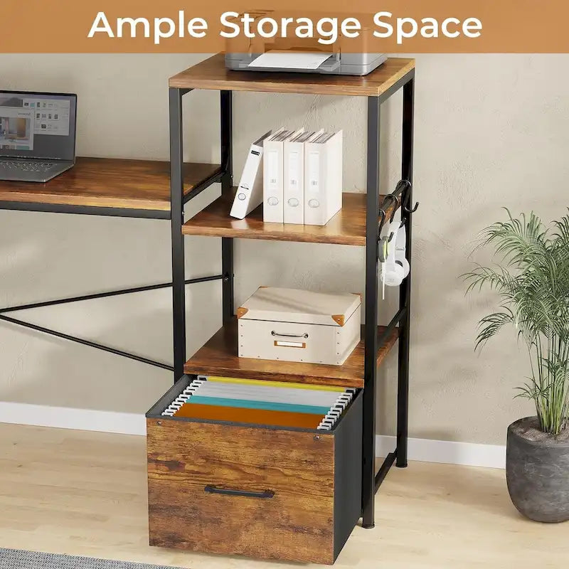 Bureau informatique de 130 cm avec étagères de rangement, tiroir et prises de courant