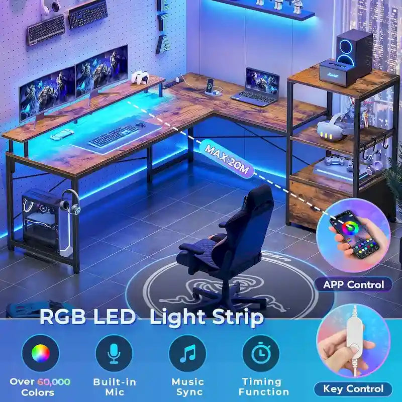 Bureau informatique de 130 cm avec étagères de rangement, tiroir et prises de courant