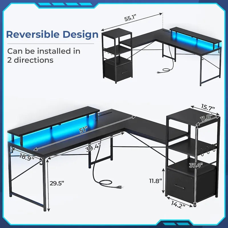 Bureau informatique de 130 cm avec étagères de rangement, tiroir et prises de courant