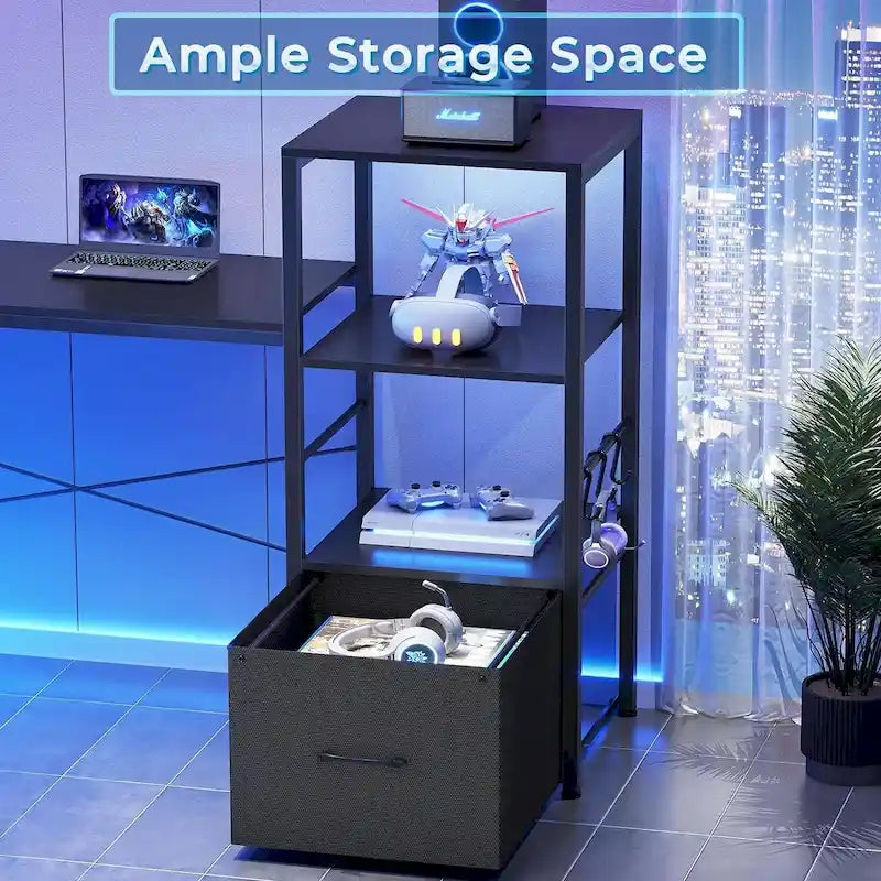 Bureau informatique de 130 cm avec étagères de rangement, tiroir et prises de courant