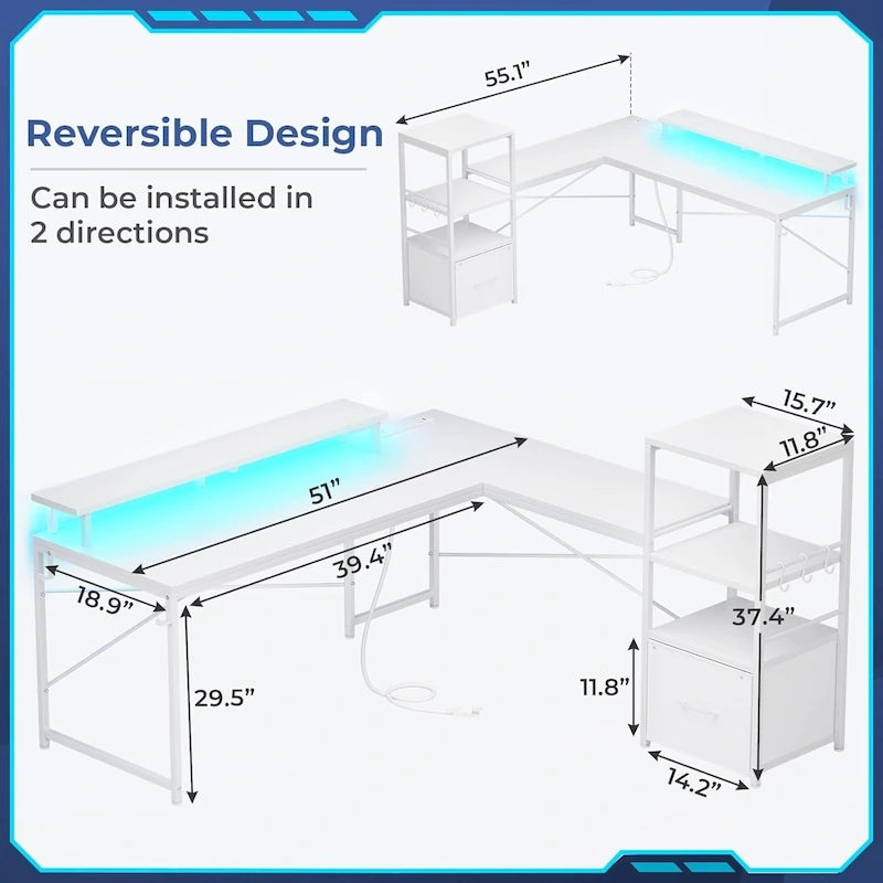 Bureau informatique de 130 cm avec étagères de rangement, tiroir et prises de courant