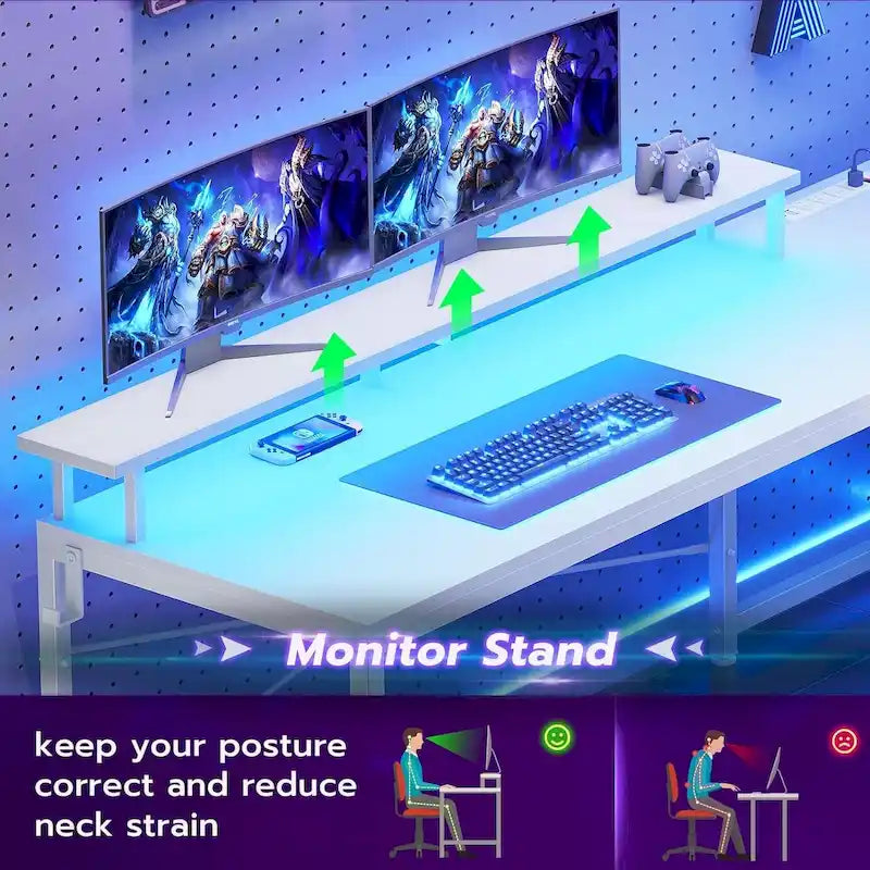Bureau informatique de 130 cm avec étagères de rangement, tiroir et prises de courant