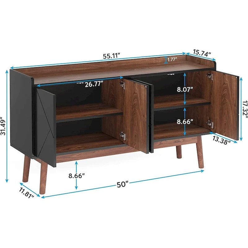 Bahut de cuisine de 55 pouces avec rangement, buffet de bar à café avec portes - N/A